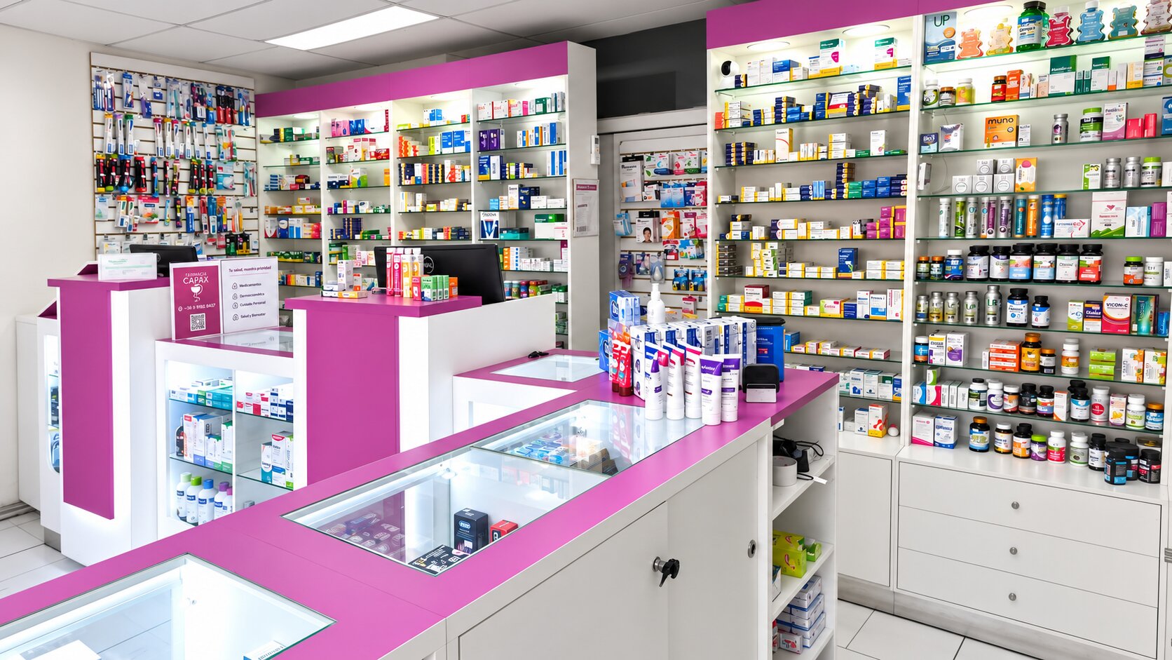 Interior de Farmacia Capax: estanterías y productos