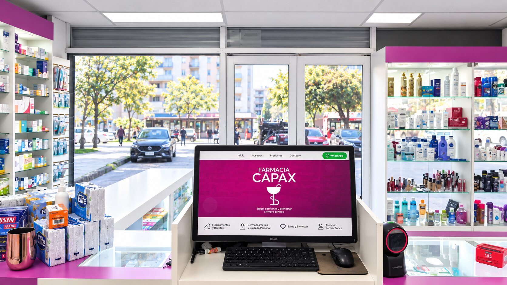 Interior de Farmacia Capax con vista a la calle